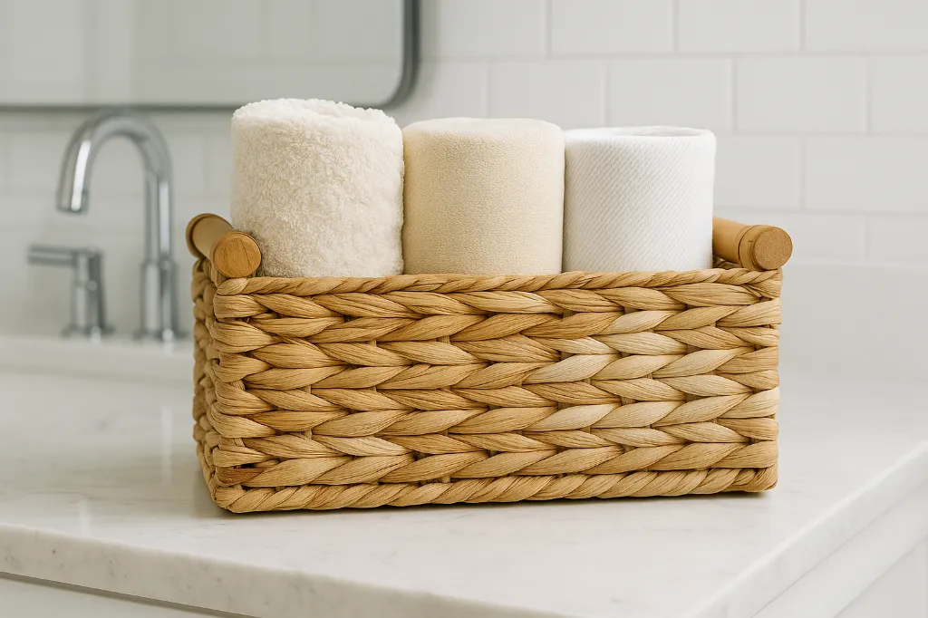 Cesta de mimbre con toallas blancas.webp